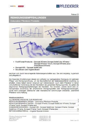 Pfleiderer Reinigungsempfehlung Pfleiderer Reinigungsempfehlung