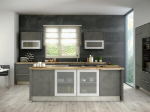 TWG Kücheninsel in Betonoptik mit Glaselementen in Milchglas